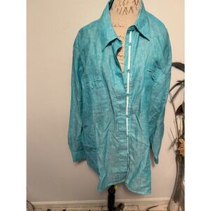 Foxcroft 24W Turquoise Linen Button Down Shirt Womens Plus Size Shaped Fit‎